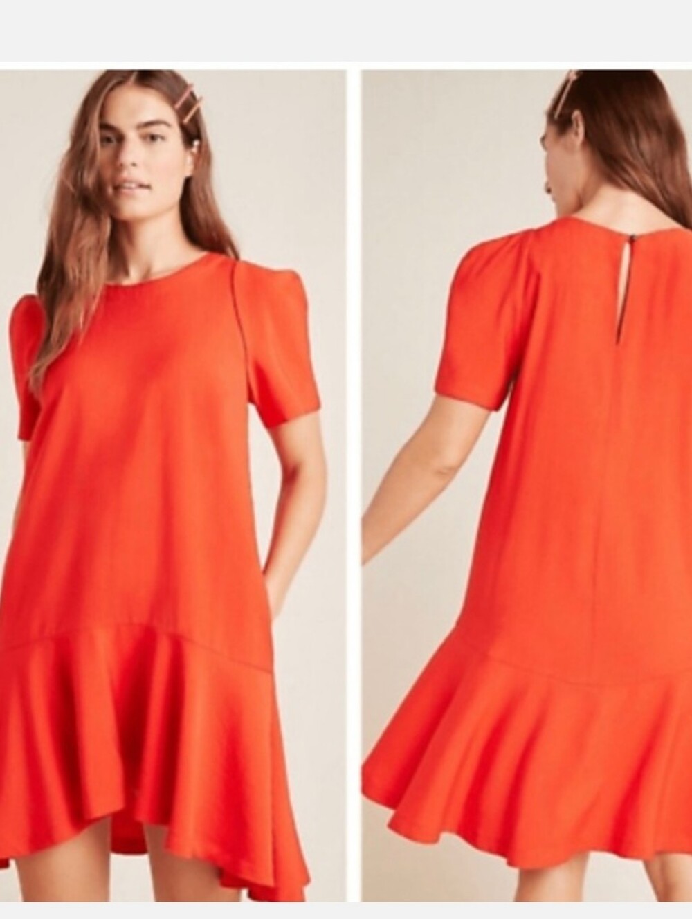 Maeve Anthropologie Puff Sleeve Drop Waist Mini Dress Red 12P Petite Flounce Euc - Picture 5 of 16